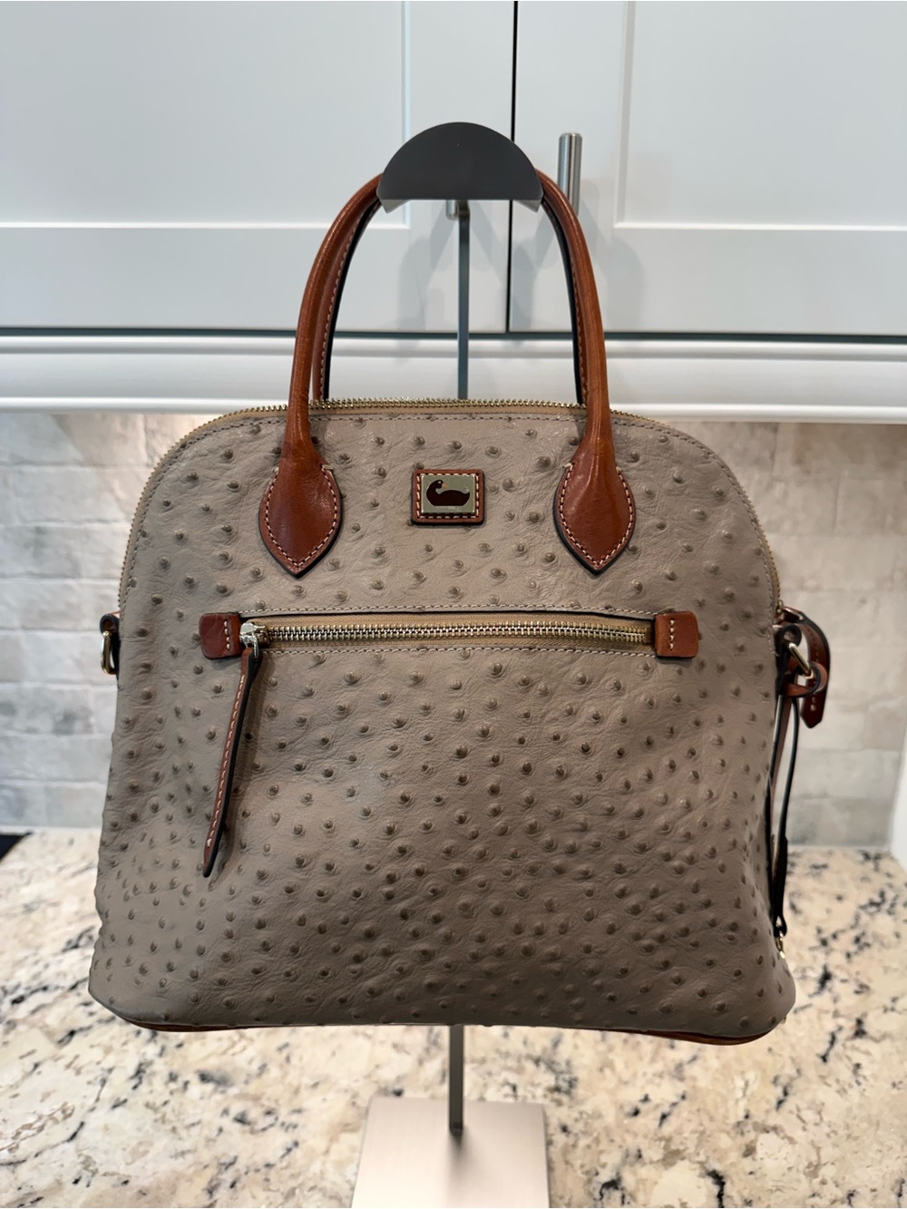 Dooney & Bourke EUC Taupe Ostrich-Embossed Satchel w/Brown Trim